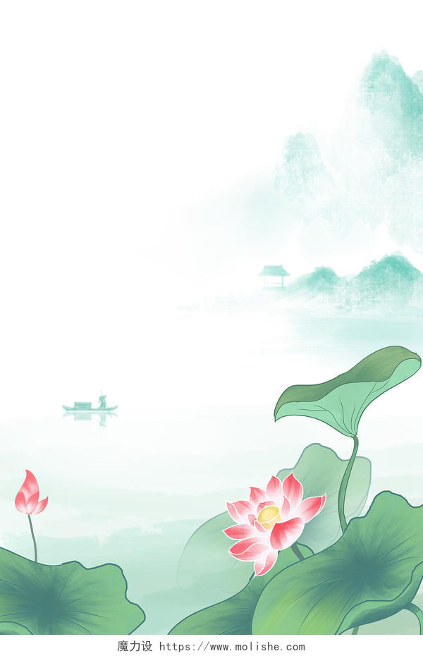 中国风山水墨画夏天荷花手绘插画海报背景